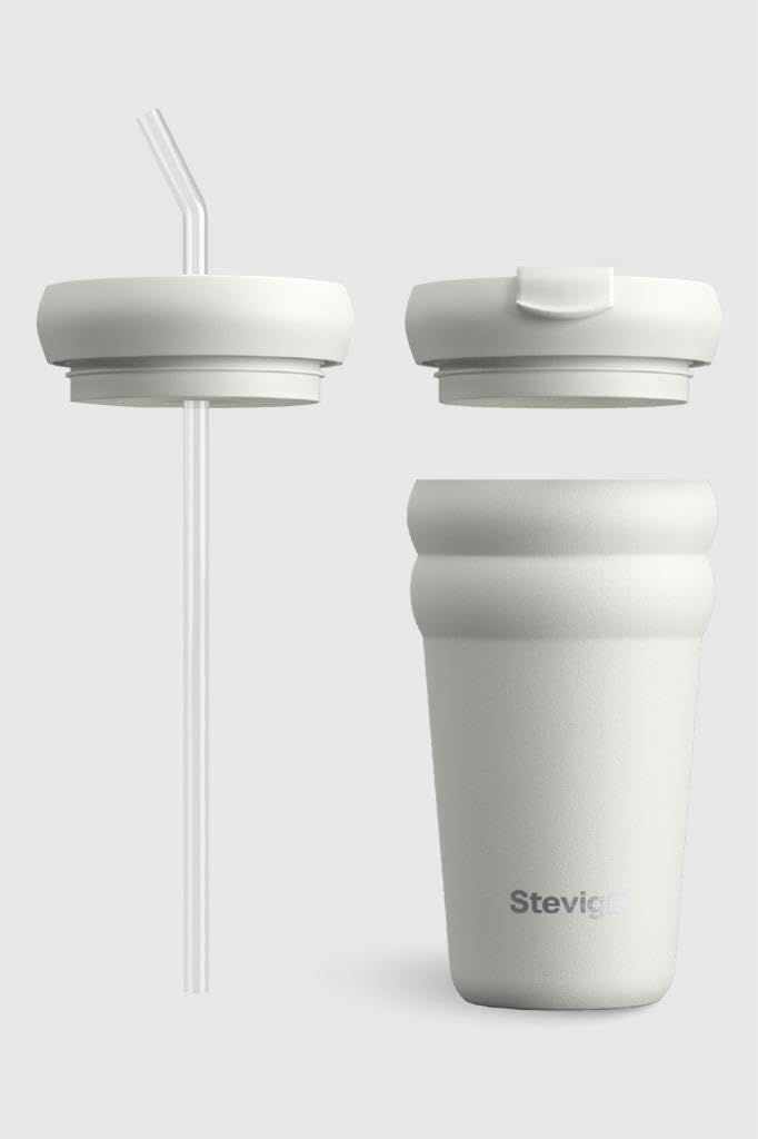 3 Bubble Two-Cap Straw Tumbler | 20 oz | Insulated Stainless Steel Tumbler with 2 Lids | Double Wall Vacuum Water Bottle Sip and Straw Travel Mug – White Stone ST-249
