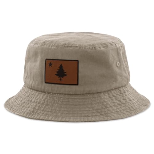Vintage Maine Flag Leather Patch Bucket Hat Khaki
