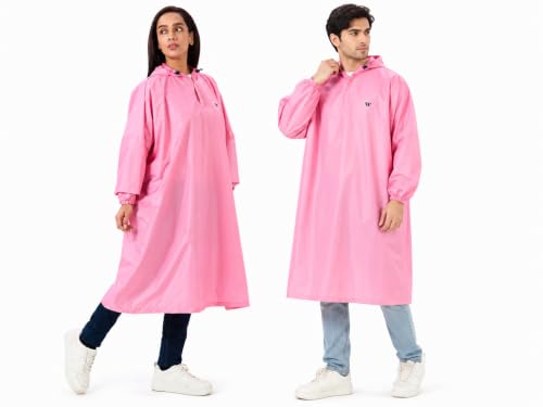 Image of ZEEL Unisex Outdoor Rain Poncho for Adult, Waterproof, Lightweight & Packable, Polyester Pullover Full Sleeves Hooded Rainwear, Raincoat for Camping, Hiking, Travelling (AZ33, Free Size, Pink)