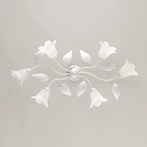 Plafonnier 6 lumières en fer forgé blanc et verre bon-182 au design raffiné