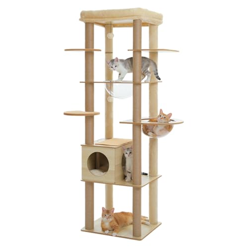PETEPELA Kratzbaum für große Katzen 181 cm hoch mit Acryl-Hängematte Multi-Stufe Holz Katzenbaum mit großer Katzenhöhle Kratzsäule & Kratzpad Beige