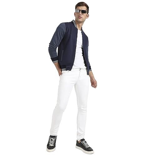 Image of Campus Sutra Men's Navy Blue Zip-Front Jacket With Contrast Striped Hem For Casual Wear | Low-High Neck | Long Sleeve | Zipper Closure | Cotton Jacket Crafted With Comfort Fit For Regular Wear