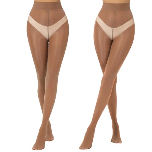 Aaronano 2 Pairs Brown Shiny Pantyhose for Women High Waist Silk Oil Shimmer Sheer Tights L-XL