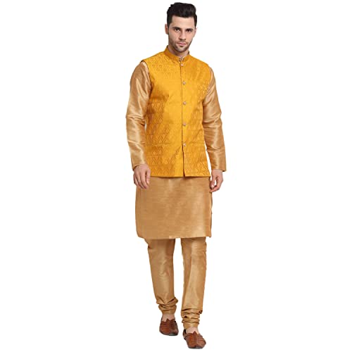 Image of KRAFT INDIA Mens Gold Silk Blend Kurta and Churidar Set With Jacquard Paisley Nehru Jacket