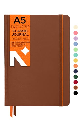 NEORAH - A5 Dot Grid Classic Notebook -100 Gsm-(210x148mm)-Hardcover Dotted Journal-|INCLUDES Pen Loop|Back Pocket|Silk Book Mark| Sticker Label |Journal Box|160 Pages- Completely HANDMADE-(BROWN)