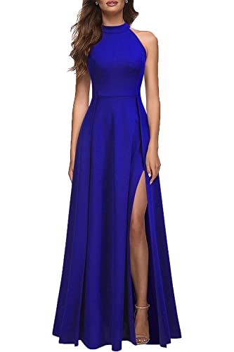 MUSHARE Women's Halter Neck Sexy Split Cocktail Party Maxi Long Formal Dress Royal Blue