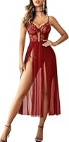Avidlove Sexy Dessous Damen Reizwäsche Set Spitze Lingerie Netzstoff Babydoll V-Ausschnitt Unterwäsche Corsage Nachthemd Longe Nachtwäsche Seitlich Geschlitztes Negligee,RotL