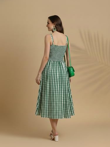 Image of Aahwan Fit and Flare Red Gingham Check Shoulder Ties Slim Fit Midi Cami Dress for Women's & Girl's