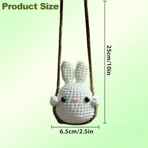 Image of Crochet Swinging Bunny Car Mirror Hanging Accessories, Cute Car Decorations for Women Aesthetic, Handmade Knitted Rearview Mirror Car Accessories Home Office Car Mirror Decor