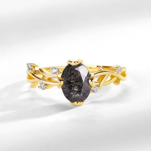 Natural Black Rutilated Quartz Ring for Women: 925 Sterling Silver 1.5CT Oval Cut Art Deco Leaf Vines Gemstone Engagement Rings, Bridal Promise for Her3