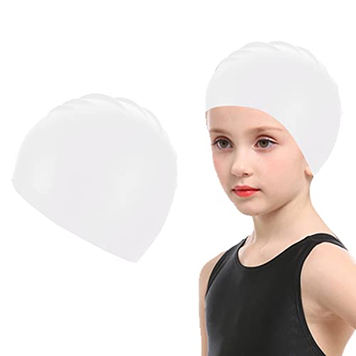 Uttpll Swim Cap Kids (Age 3-8), Durable Silicone Swimming Cap Youth Child Toddler Boys Girls Swim Caps Fit For Short/Long Hair White One Size #TOP11