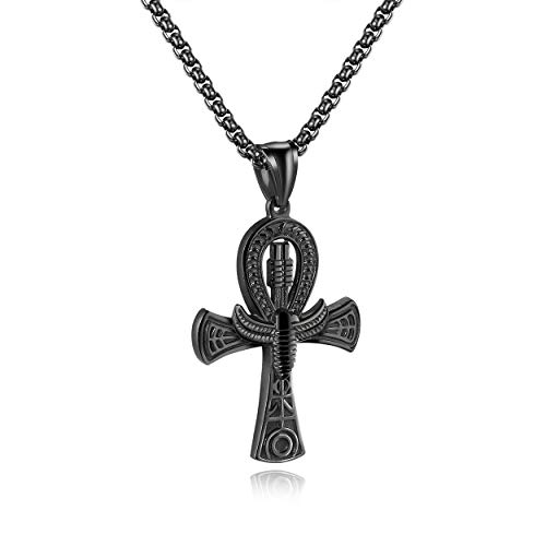 Rehoboth Stainless Steel Ancient Egyptian Coptic Ankh Pendant Necklace For Boys Womens Mens 24 Inch Chain Black #TOP3