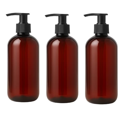 Image of Prakash 500ML Amber Bottle (Pack of 3) Empty Plastic Trophy Pump Bottles Dispenser Portable Shampoo Lotion Hand Pump Bottle