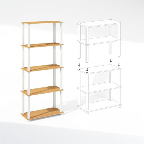 Image of Furinno Turn-S-Tube Storage Shelves Set of 2, 3-Tier Book Shelf, Corner Shelf, Toolless Open Shelves, Square Tubes, for Organization and Storage, Living Room, Garage, Home Office, Beech