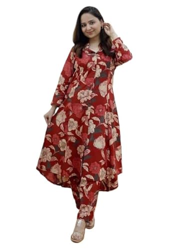 Leriya Fashion Women's Anarkali Rayon Floral Printed Kurta Pant Set | High-Low Hem & 3/4 Sleeves | Ethnic Co-ord for Festive & Casual Wear | Co ord Set For Women Stylish | 2 Piece Dress For Holiday Look & Puja