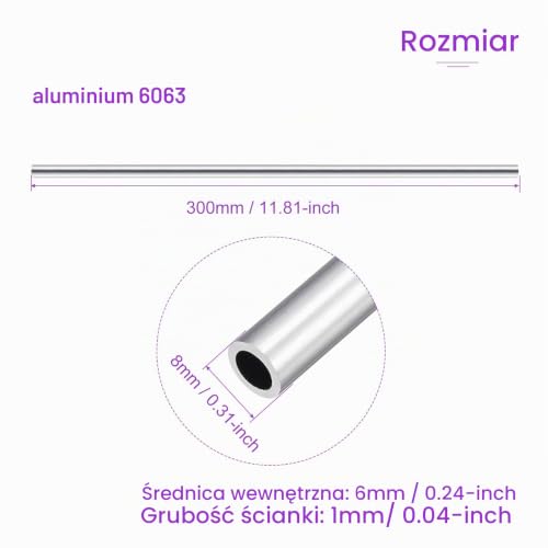 DMiotech 2-pack (8mm średnica zewnętrzna x 6mm średnica wewnętrzna) Okrągła rurka z aluminium 6063, 300mm długość, metalowa rura do ram narzędzi, projekty DIY
