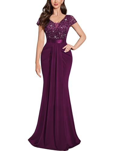 Image of Miusol Women's Deep V-Neck Lace Sequin Pleated Evening Formal Maxi Dress