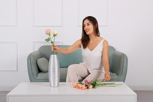 Image of Leewadee - Silver Floor Vase for Pampas Grass, Large Flower Vase for Home Decor, 34 cm, Resin