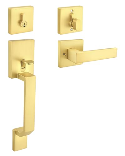 Probrico Front Door Handle and Deadbolt Set,Brass Gold Front Door Lock Set,Square Exterior Door Handle and Single Cylinder Deadbolt with Reversible Handle Lever,Entry Door Lockset with Deadbolt