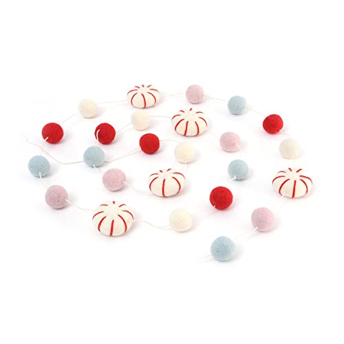 Image of Glaciart One Peppermint Felt Ball Garland - Pompom Holiday Decoration Hand-Made from Natural Wool - Cute Hanging Decor for Christmas Tree, Mantel, Kids Bedroom, Living Room, Nursery - 6 Feet Long