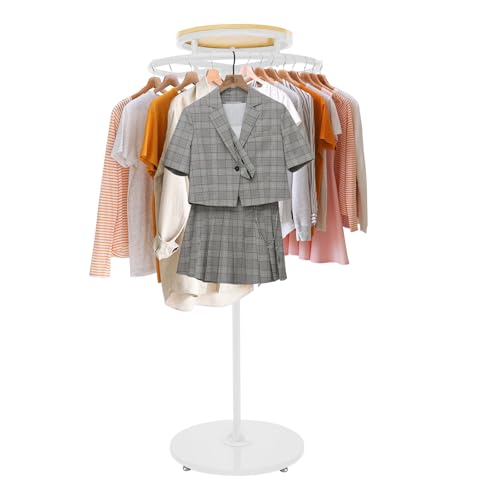 WOQLIBE Round Clothing Rack,Rotatable Modern Clothes Display Floor Standing Iron Clothes Hanging Rack With Topper for clothing stores, boutiques, bra stores, homes(White, Log Color)