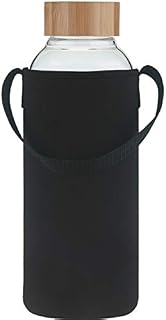 Ferexer 1.5 Litre Large Borosilicate Glass Water Bottle with Bamboo Lid with Neoprene Sleeve 1500 ml / 1.5 L