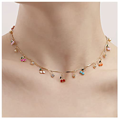 Iaceble Bohemia Rainbow Dangle Choker Necklace Fruit Cherry Necklace Chain