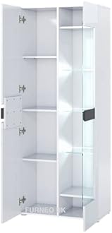 Furneo Milano 08 – White 2-Door Display Cabinet, High Gloss & Matt Finish, White LED Lights