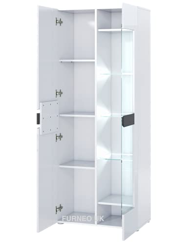Furneo Milano 08 – White 2-Door Display Cabinet, High Gloss & Matt Finish, White LED Lights