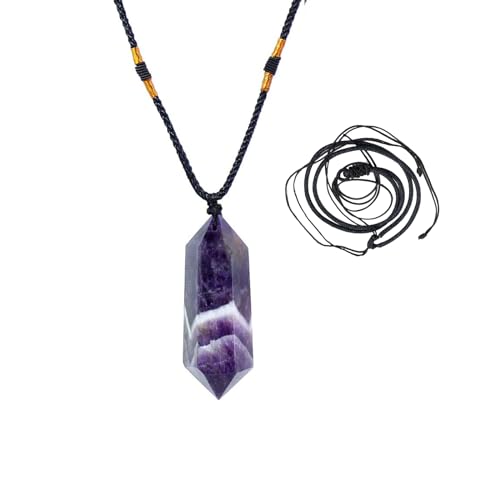 Image of Runyangshi Healing Crystal Pendants, Double Pointed Natural Crystal Quartz Necklace 6 Faceted Chakra Crystal Wand Stone (Dream Amethyst)