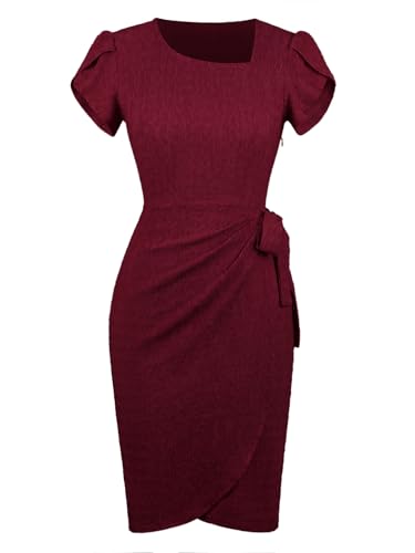 Lyrur 2025 Women's Split Short Sleeves Work Cocktail Party Business Casual Faux Wrap Dress