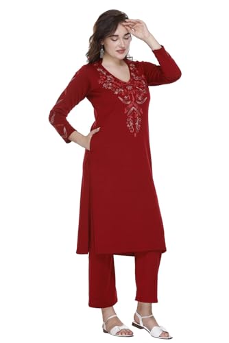 Image of Rosary Women's Woolen Winter Embroidered Kurta with Palazzo Pant | Warm Ethnic Suit Set - 2 Piece Outfit