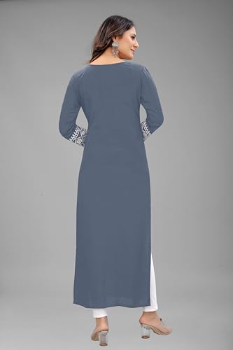 Image of Women's Rayon Embroidered Straight Kurti Under 499 Designer Attractive Look Women's Kurta