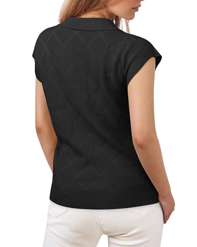Image of Messic Womens Cap Sleeve Sweater Lapel V Neck Casual Knit Pullover Tops 2024