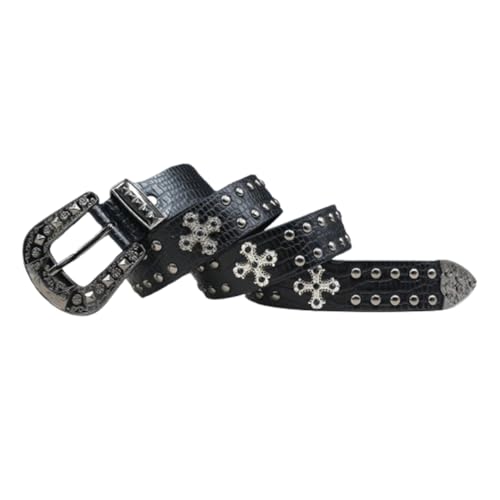 Men's Women's Studded Belt Western Rhinestones Cross Rivet Crocodile Pattern Embossed Strap with Filigree Buckle