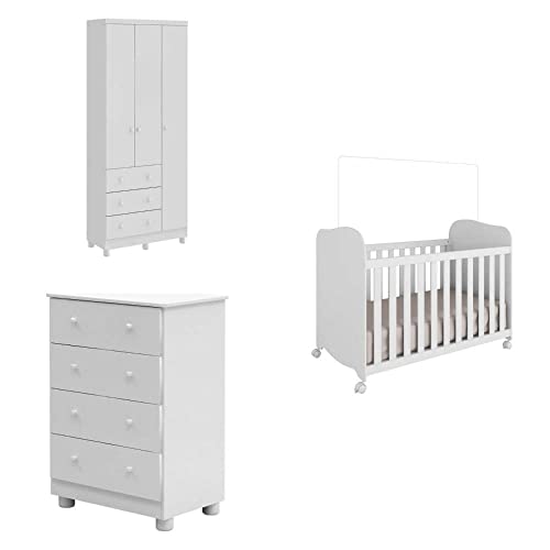 Quarto de Bebê com Berço Americano Guarda Roupa 3 Portas 3 Gavetas Cômoda 4 Gavetas Móveis Peroba Br