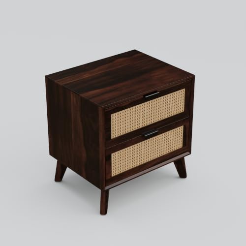 Image of Solid Sheesham Wood Bedside Table with 2 Cane Rattan Drawers | Wooden Nightstand with Spacious Storage (Walnut Finish)