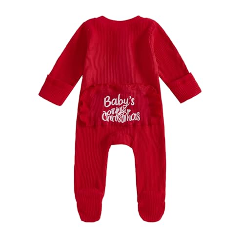 Image of My First Christmas Baby Girl Outfit Long Sleeve Footed Romper Christmas Onesie Zipper Jumpsuit Newborn Clothes
