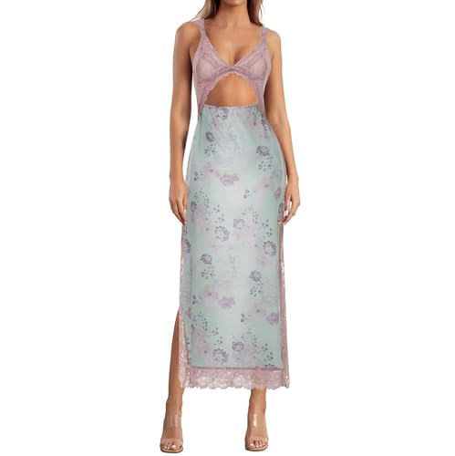 Image of Women Sexy Lace Patchwork Mesh Dress Floral Print Cutout Sweetheart Neck Backless Slit Summer Maxi Dress