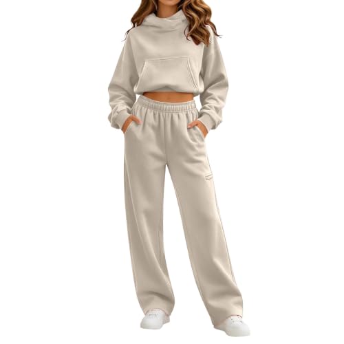 GOSEAGOTOFUN Women Sweatsuits 2 Piece Set Cropped Hoodie and Sweatpants Set Jogging Workout Tracksuit Lounge Travel Outfits Beige Small - image 2