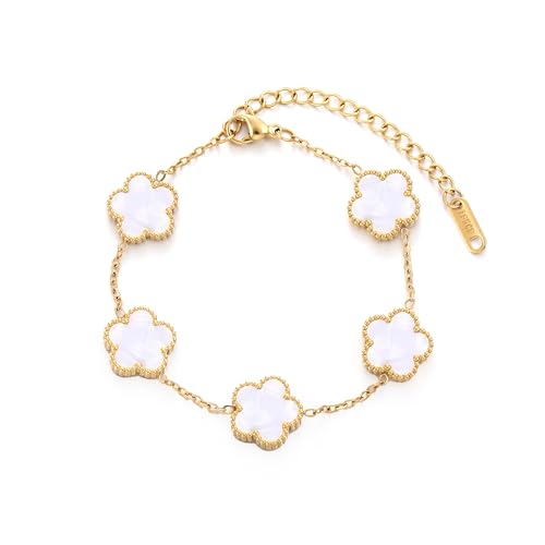 TICVSS Four Leaf Clover Bracelet for Women 18K Gold Plated Stainless Steel Lucky 4 Leaf Gold Link Bracelet Jewelry Gift for Women (White)