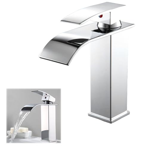 Bathroom Sink Taps, Bathroom Mixer Tap, Waterfall Spout Bathroom Sink Taps with Single Lever, Hot and Cold Water Adjustable Sink Taps, Bathroom taps, Stainless Steel, Silver
