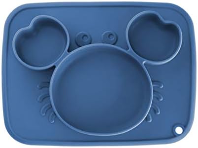 Baby Divided Plates, 100% Silicone Food-Grade Silicone Placemat for Babies Infants Toddlers Kids Dishes, Stick to High Chair Trays and Table,Microwave Dishwasher Safe (Cute Crab, Baby Blue)