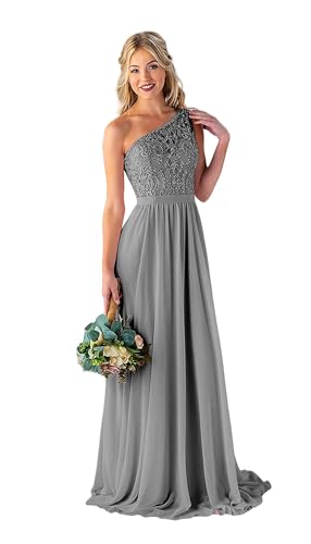 Image of LANGKAAO Women's One Shoulder Bridesmaid Dresses Long for Wedding with Pockets Lace Bodice A-Line Chiffon Formal Party Gown
