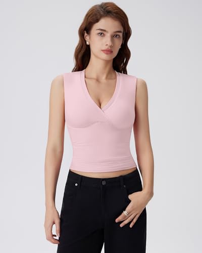 Image of SUUKSESS Women Built in Bra V Neck Tank Tops Double Lined Summer Going Out Camisole Tops