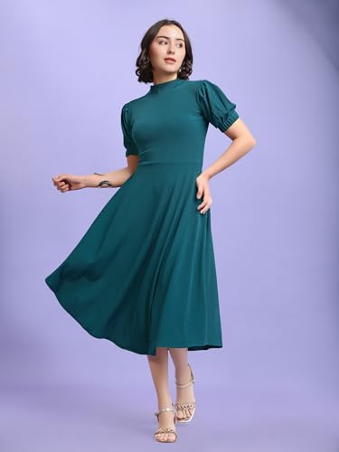 Image of PURVAJA Women's Fit & Flare Knee Length Short Sleeve Turtle Neck Solid Dress