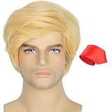 Yan Dream 4pcs Men Short Straight Blonde Wig with Flag Pin and Red Tie Man Funny Wigs