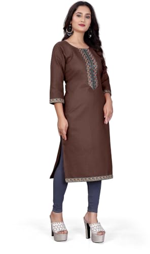 Image of Women A-line Cotton Blend Round Neck 3 /4 Sleeve Embroidered Kurti Only