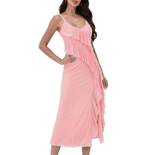 Image of Women's Spaghetti Strap Ruffle Side Split Long Dress Bodycon Beach Maxi Dresses