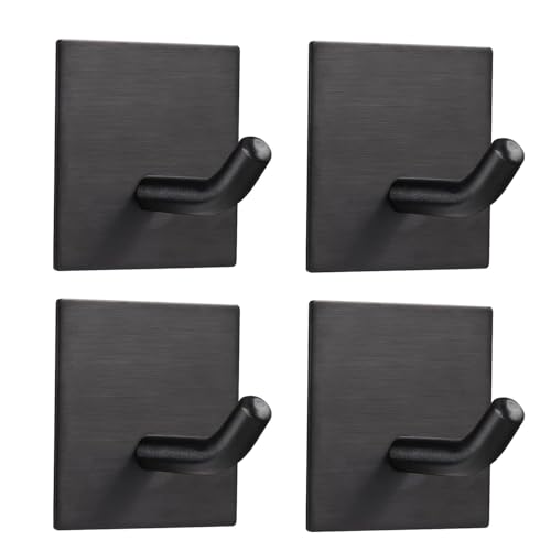 FOMANSH Heavy Duty Stainless Steel Adhesive Hooks, 4 Pack Black, Wall Mount, No Drill, 15lbs Capacity, Minimalist Design for Kitchen, Bathroom, Office